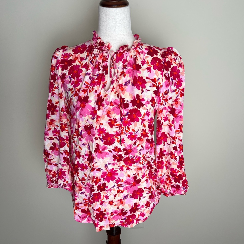 Nine West Pink Floral Ruffle Tie-Neck Blouse | Romantic Cottagecore Top